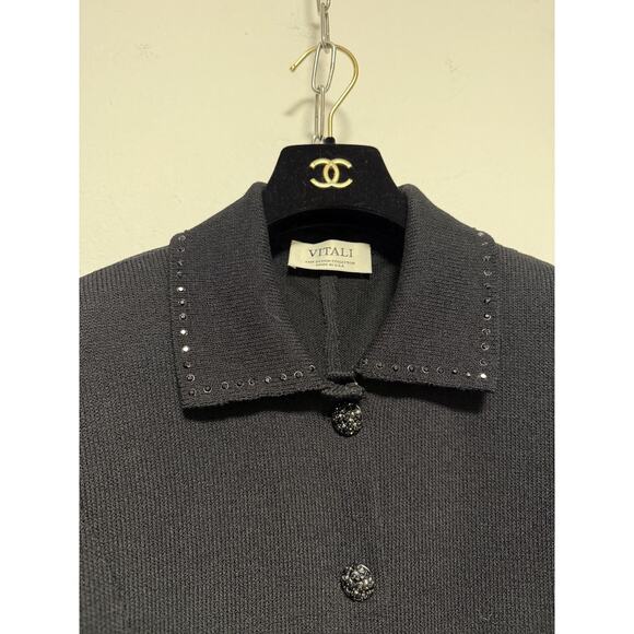 Vitali Knit Coat Womens 14 Black Wool Beaded Collar Rhinestone Buttons Made USA - Picture 5 of 16